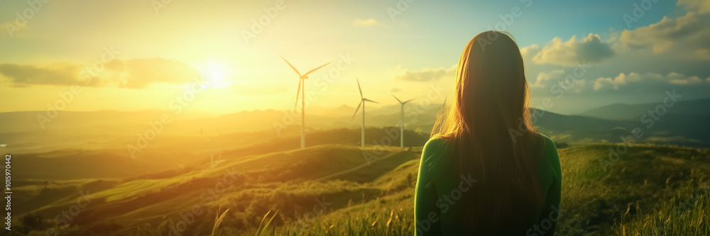Fototapeta premium An image depicting a woman with long hair standing on a hill and looking towards wind turbines, set against a warm sunset background. The scene emphasizes a sustainable future.