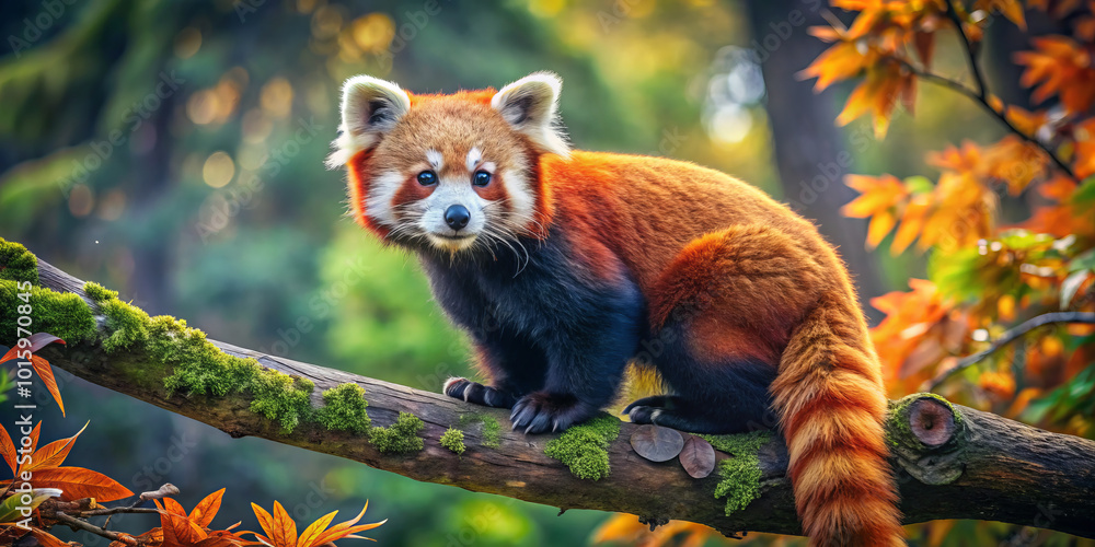 Obraz premium red panda perched on mossy branch, surrounded by vibrant autumn leaves, exudes sense of tranquility and curiosity in its natural habitat