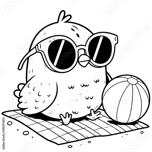  Cute bird wearing sunglasses, beach atmosphere