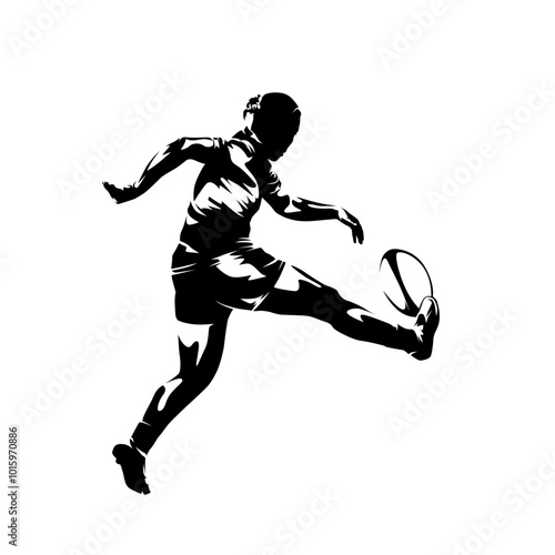Rugby women, female rugby player kicking ball, isolated vector silhouette