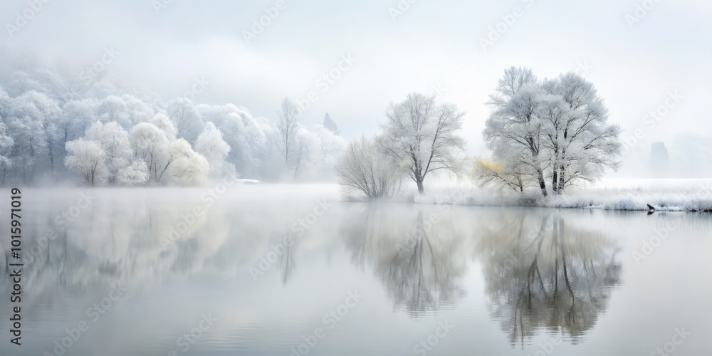 serene winter landscape featuring tranquil lake surrounded by frosted trees and mist. reflection on water enhances peaceful atmosphere of this snowy scene serene winter landscape featuring tranquil lake surrounded by frosted trees and mist. reflection on water enhances peaceful atmosphere of this snowy scene