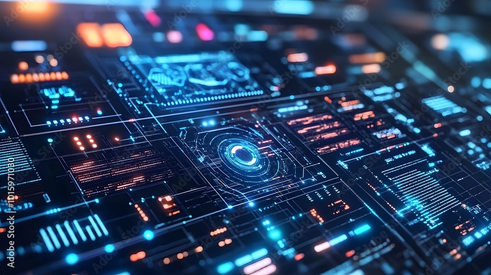 Futuristic Interface with Glowing Blue and Orange Lines and Circles Futuristic Interface with Glowing Blue and Orange Lines and Circles