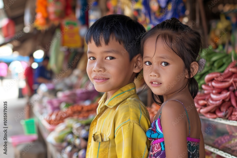 Portrait of two little asian girl and boy looking at camera in the market Portrait of two little asian girl and boy looking at camera in the market