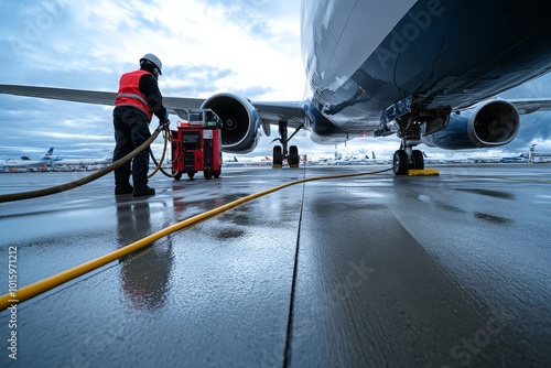 Airport Crew Refueling Airplane on Rainy Tarmac