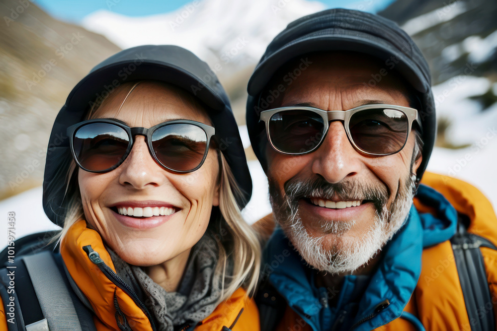 Mature couple in a happy attitude hiking in the mountains Mature couple in a happy attitude hiking in the mountains