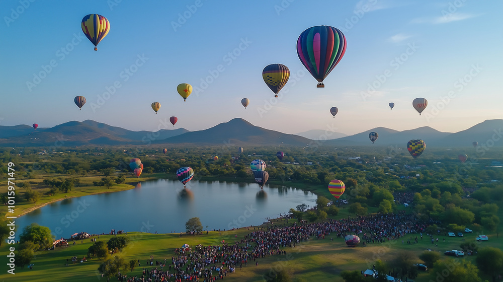 Fototapeta premium International Hot Air Balloon Festival in Mexico, hundreds of colorful hot air balloons flying in the blue sky at sunrise, green hills and calm lake in the background, Ai generated images