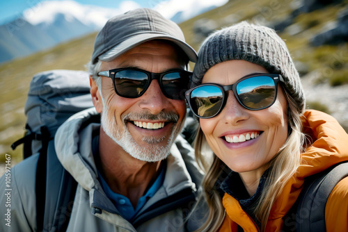 Mature couple in a happy attitude hiking in the mountains