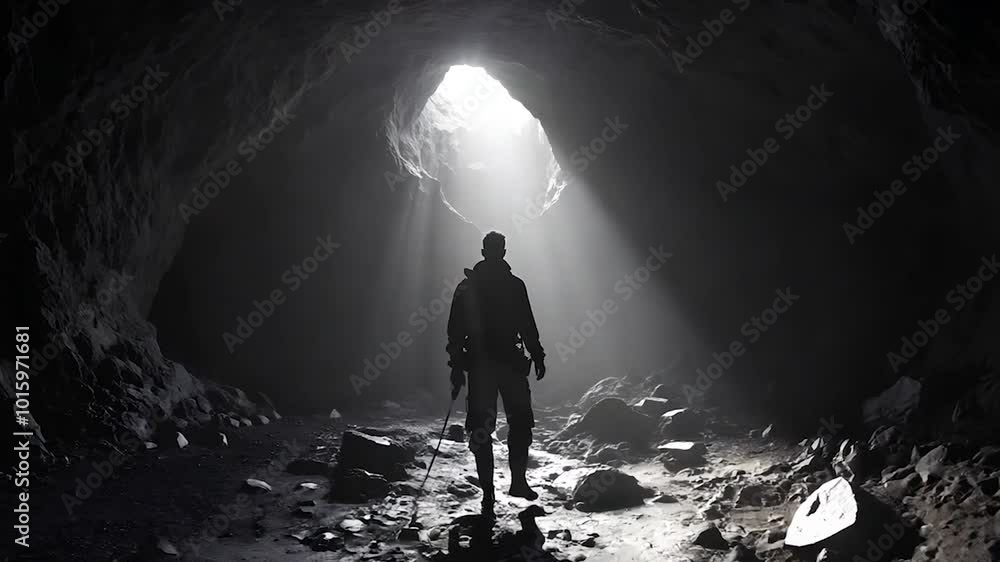 Man with Backpack Walking Toward Light at End of Cave Man with Backpack Walking Toward Light at End of Cave