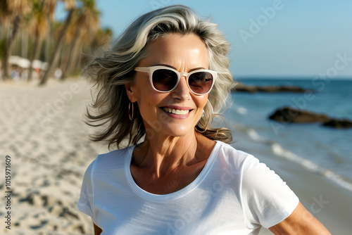 Mature woman with sunglasses and white t-shirt on the beach