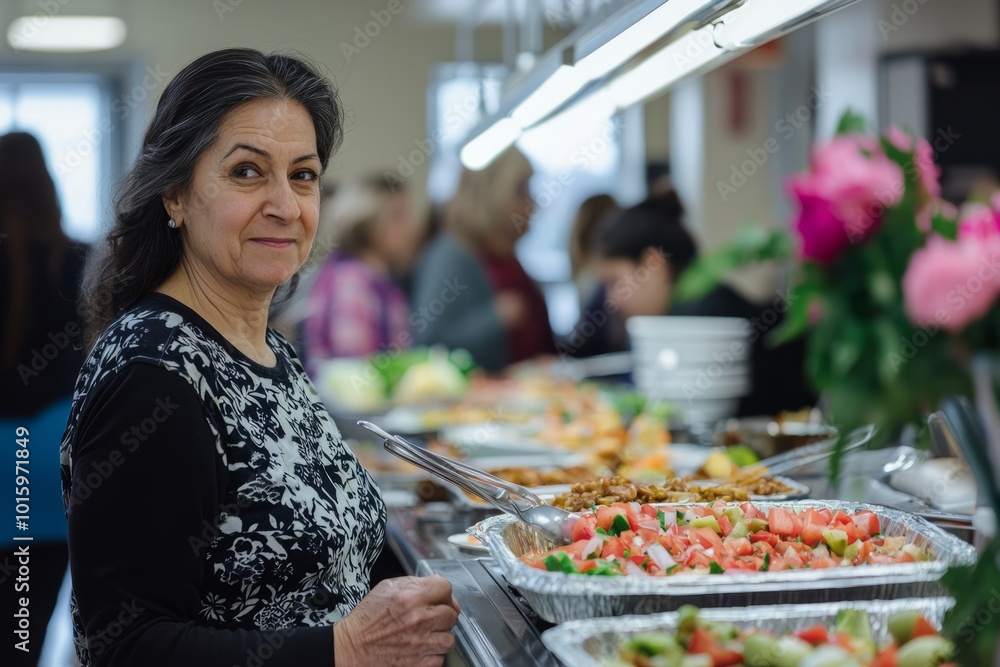 Fototapeta premium School potluck where parents and teachers gather. They are enjoying homemade meals while discussing school activities, Generative AI