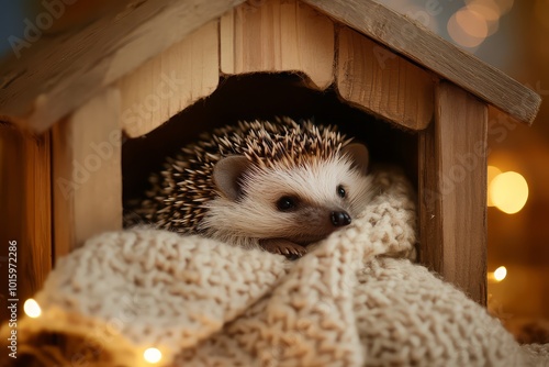 Hedgehog Resting in Cozy Wooden Shelter with Blanket photo