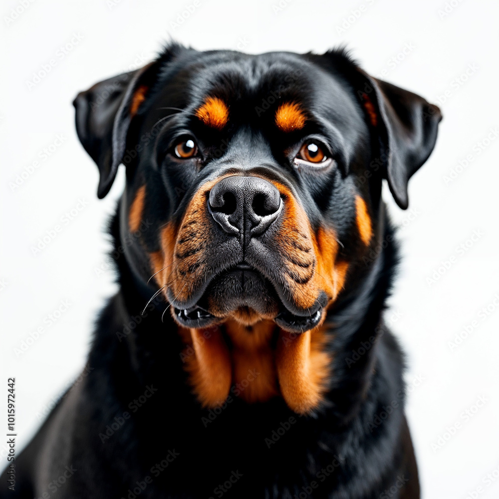 Fototapeta premium Angry Rottweiler with a bewildered expression isolated on a pristine white background