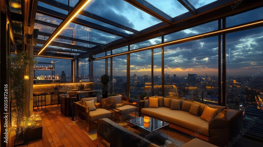 A stylish glass-enclosed rooftop beverage bar with panoramic city views A stylish glass-enclosed rooftop beverage bar with panoramic city views