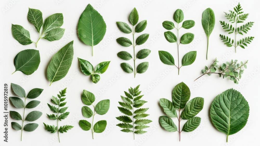 Fototapeta premium A beautiful collection of soft green leaves from various trees, meticulously arranged and isolated on a clean white background.