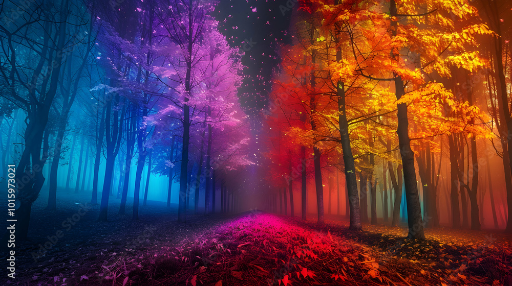 landscape in a fabulous forest, rainbow spectrum of colorful autumn trees in unusual neon lighting, fog background autumn fantasy landscape in a fabulous forest, rainbow spectrum of colorful autumn trees in unusual neon lighting, fog background autumn fantasy