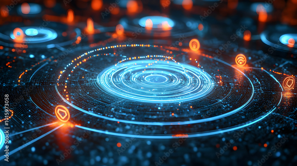 Abstract background with glowing blue circles and network connections Abstract background with glowing blue circles and network connections