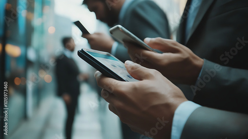 Businessmen look on smartphones watching social platforms and marketing online