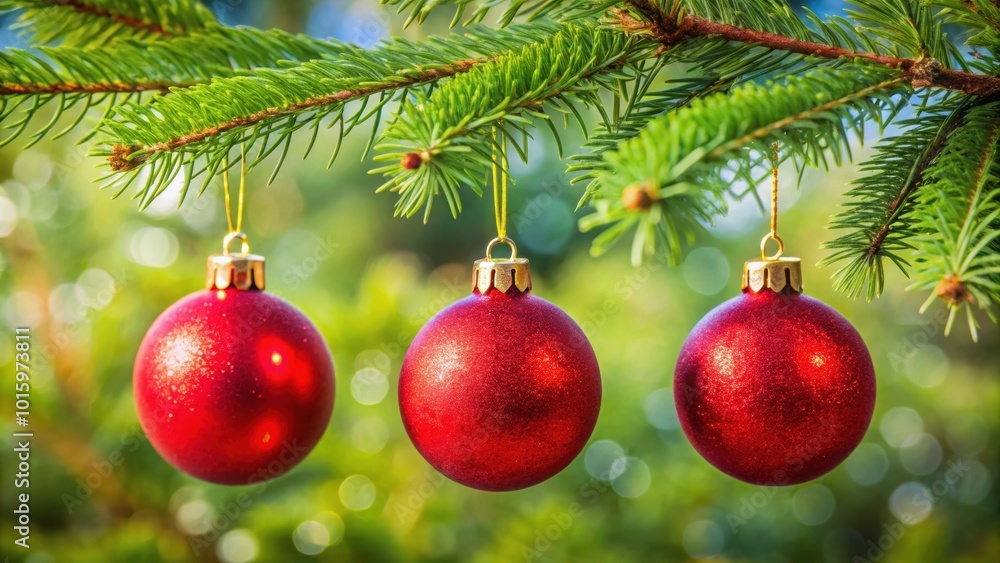Three vibrant red Christmas ornaments hanging elegantly from a pine branch Three vibrant red Christmas ornaments hanging elegantly from a pine branch