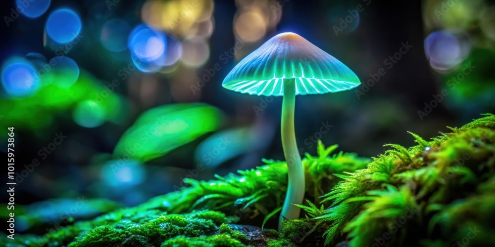 Fototapeta premium Luminescent Mycena chlorophos mushroom glowing in dark tropical rainforest , super macro, rare, green, enchanting