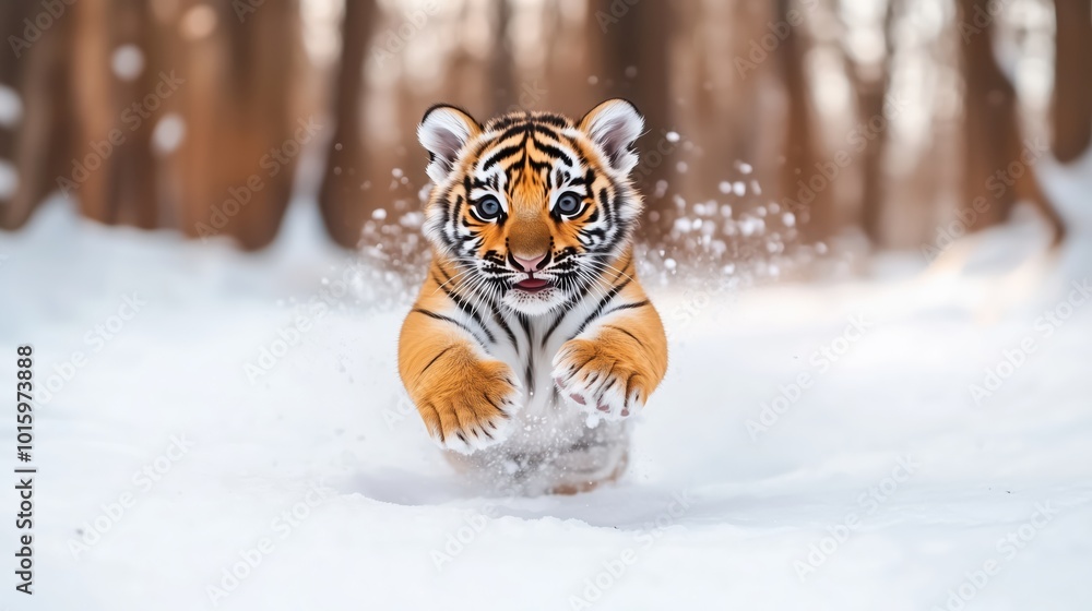 Obraz premium A playful tiger cub bounds energetically through a snowy landscape, captured in mid-action.