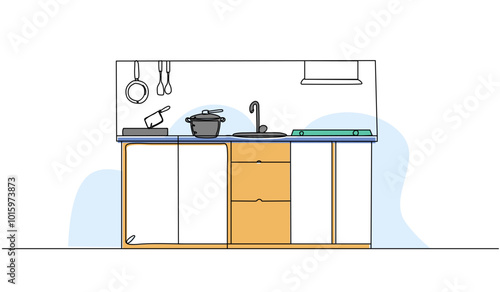 Vector illustration of kitchen interior. Modern flat in continuous line style.