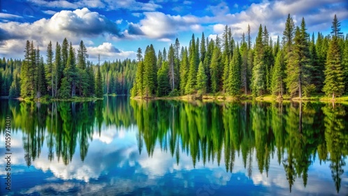 Idyllic landscape of pine trees reflecting in a beautiful lake, nature, tranquil, pine trees, reflection, serene, scenic