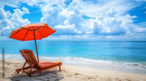 Beach chairs and an umbrella set up on a sunny shore, perfect for relaxation by the ocean