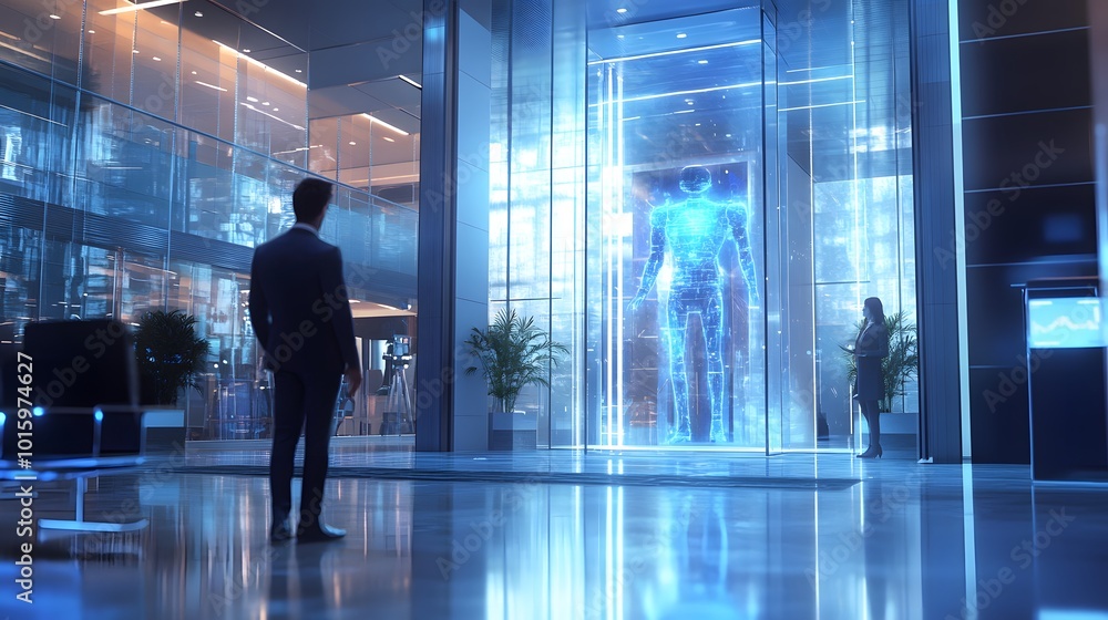 Futuristic Digital Human Hologram in Modern Office Building Futuristic Digital Human Hologram in Modern Office Building