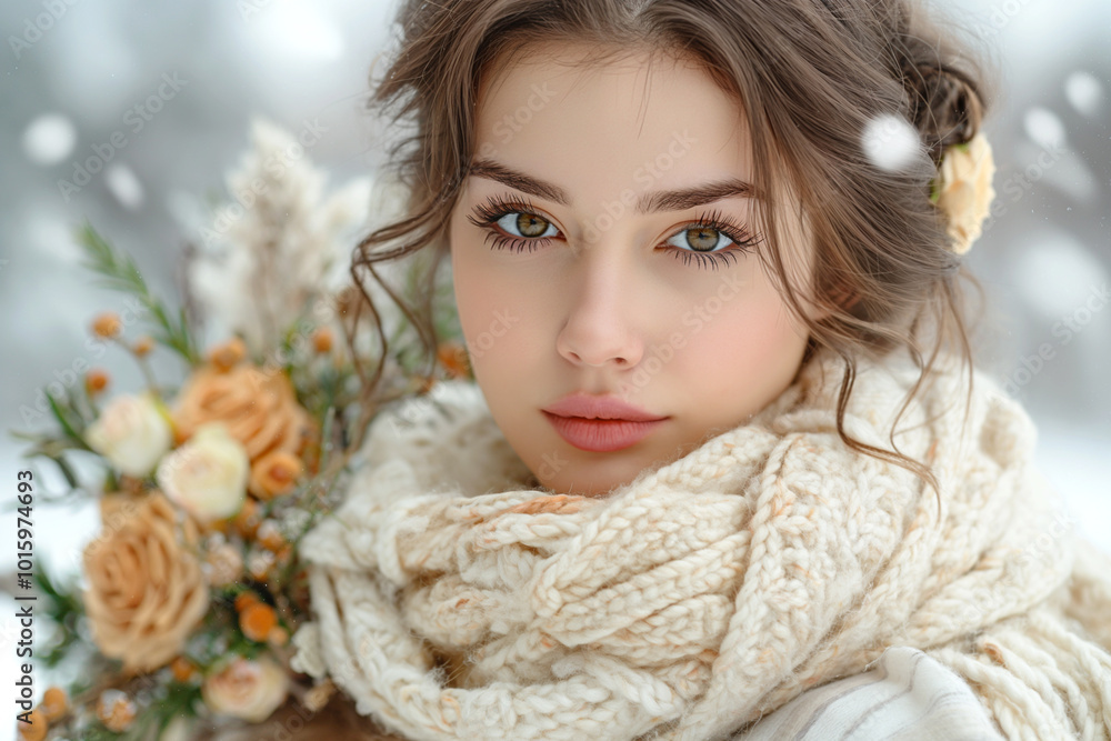 A woman with a scarf wrapped around her neck and a bouquet of flowers in her hand. The flowers are orange and white, and the scarf is white. The woman has green eyes and a pretty smile A woman with a scarf wrapped around her neck and a bouquet of flowers in her hand. The flowers are orange and white, and the scarf is white. The woman has green eyes and a pretty smile