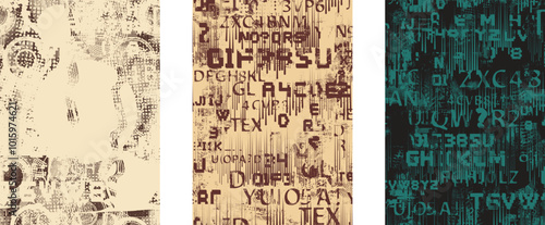 Set of posters with glitch distorted grunge texture. Poster collection texture with halftone dots, glitched shapes, textures and lines .Screen print vector poster pack with grunge textured surface