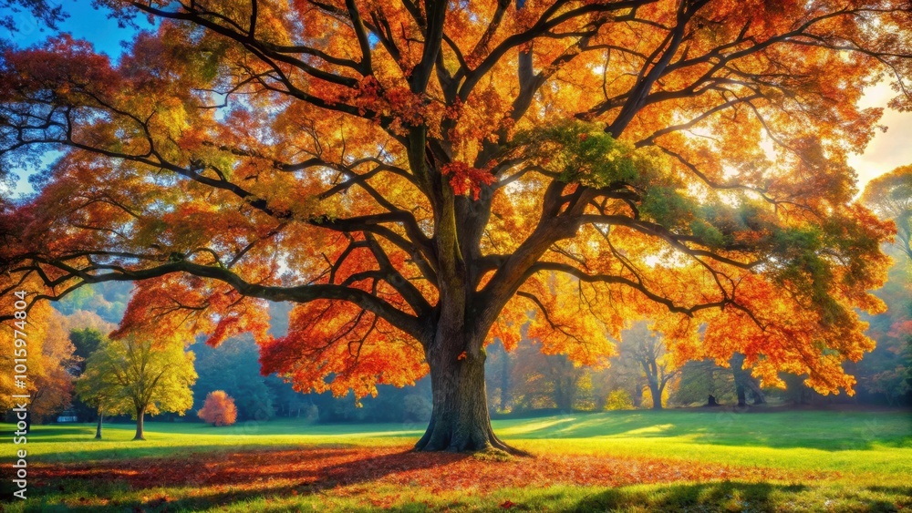 Autumn oak tree with vibrant, colorful leaves in a park setting , Fall, colorful, bright, leaves, swinging Autumn oak tree with vibrant, colorful leaves in a park setting , Fall, colorful, bright, leaves, swinging