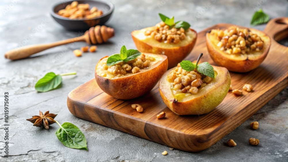 Baked pears in dough stuffed with walnuts and honey on a wooden board with light concrete background, baked, pears Baked pears in dough stuffed with walnuts and honey on a wooden board with light concrete background, baked, pears