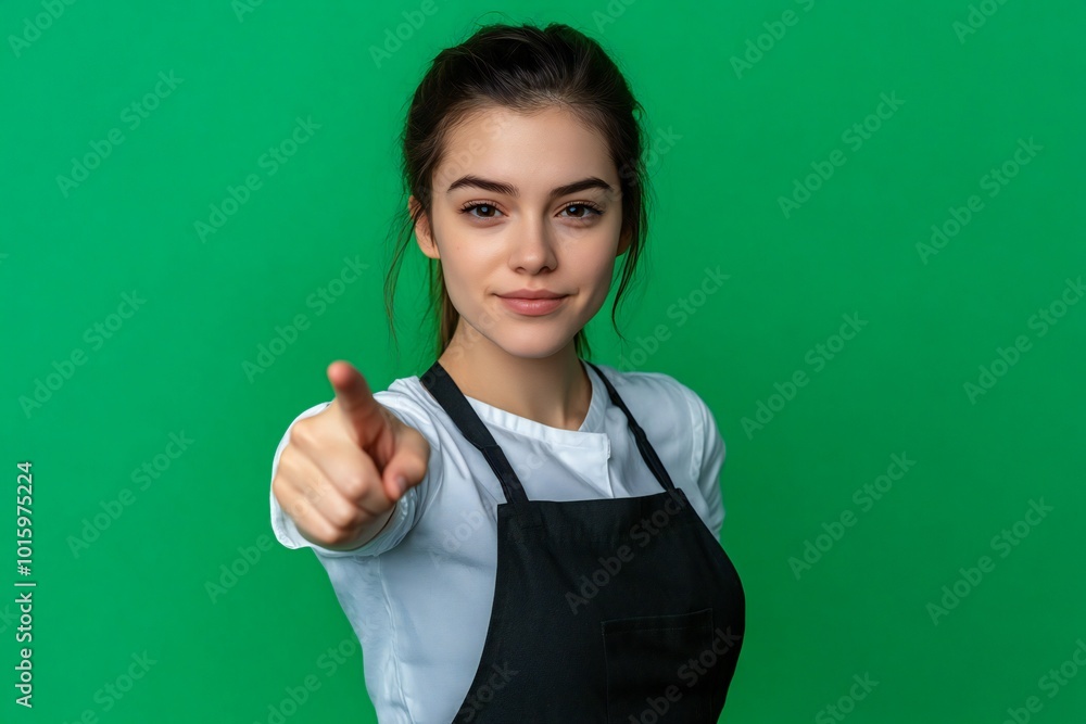 Restaurant waiter irish girl isolated on green background points finger at you with a confident expression Restaurant waiter irish girl isolated on green background points finger at you with a confident expression