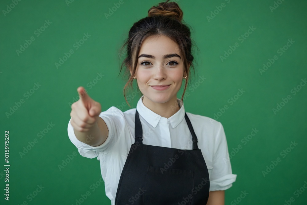 Restaurant waiter irish girl isolated on green background points finger at you with a confident expression Restaurant waiter irish girl isolated on green background points finger at you with a confident expression