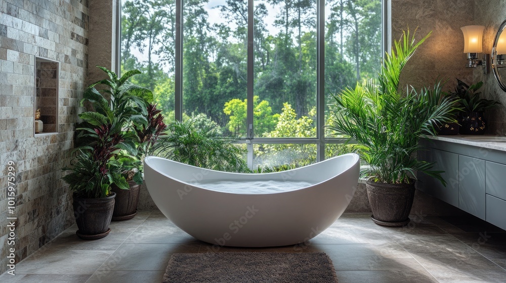 A tranquil spa bathroom with a freestanding tub by a large picture window A tranquil spa bathroom with a freestanding tub by a large picture window