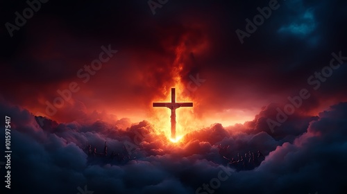 Dramatic cross silhouette against fiery clouds and dark sky.