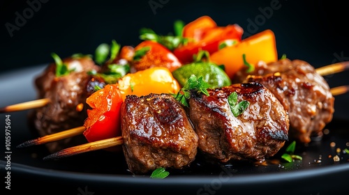 Grilled skewers with marinated meat and colorful vegetables on a black plate.