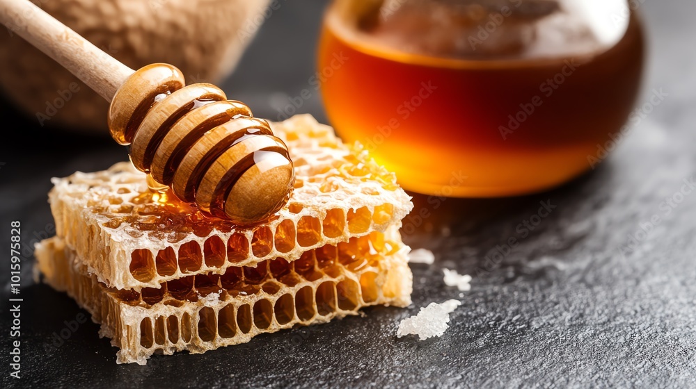 Honeycomb with honey dripper on dark slate background. Honeycomb with honey dripper on dark slate background.