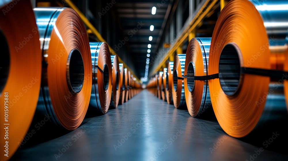 Metal coils arranged in a warehouse, showcasing industrial manufacturing. Metal coils arranged in a warehouse, showcasing industrial manufacturing.