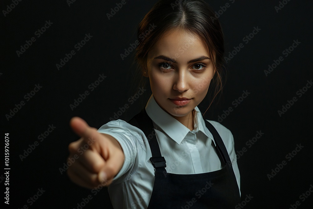 Restaurant waiter irish girl isolated on black background points finger at you with a confident expression Restaurant waiter irish girl isolated on black background points finger at you with a confident expression