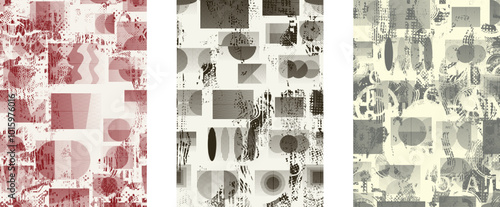 Set of posters with glitch distorted grunge texture. Poster collection texture with halftone dots, glitched shapes, textures and lines .Screen print vector poster pack with grunge textured surface
