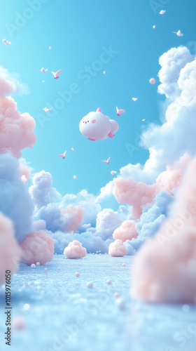 Cute Cloud Character Flying in Dreamy Sky.