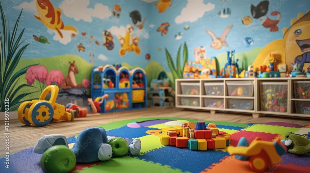 A vibrant children's playroom with colorful wall murals A vibrant children's playroom with colorful wall murals