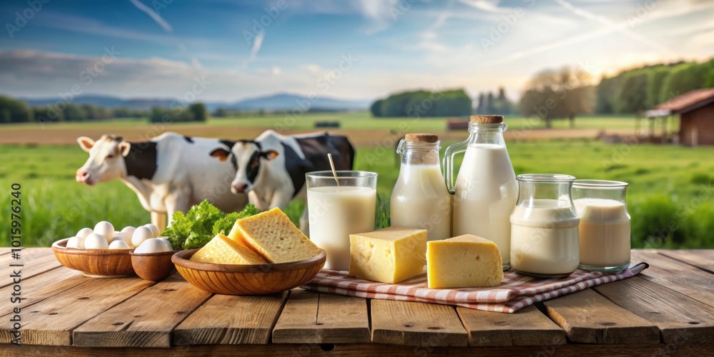 Fototapeta premium Fresh dairy products on a farm table with cows in background, fresh milk, glass carafe, cans, soft cottage cheese, hard cheeses