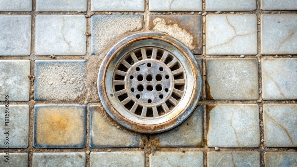 Clogged and dirty floor drain in bathroom , sewer pipes, obstruction, blockage, plumbing, maintenance, unhygienic, overflow Clogged and dirty floor drain in bathroom , sewer pipes, obstruction, blockage, plumbing, maintenance, unhygienic, overflow