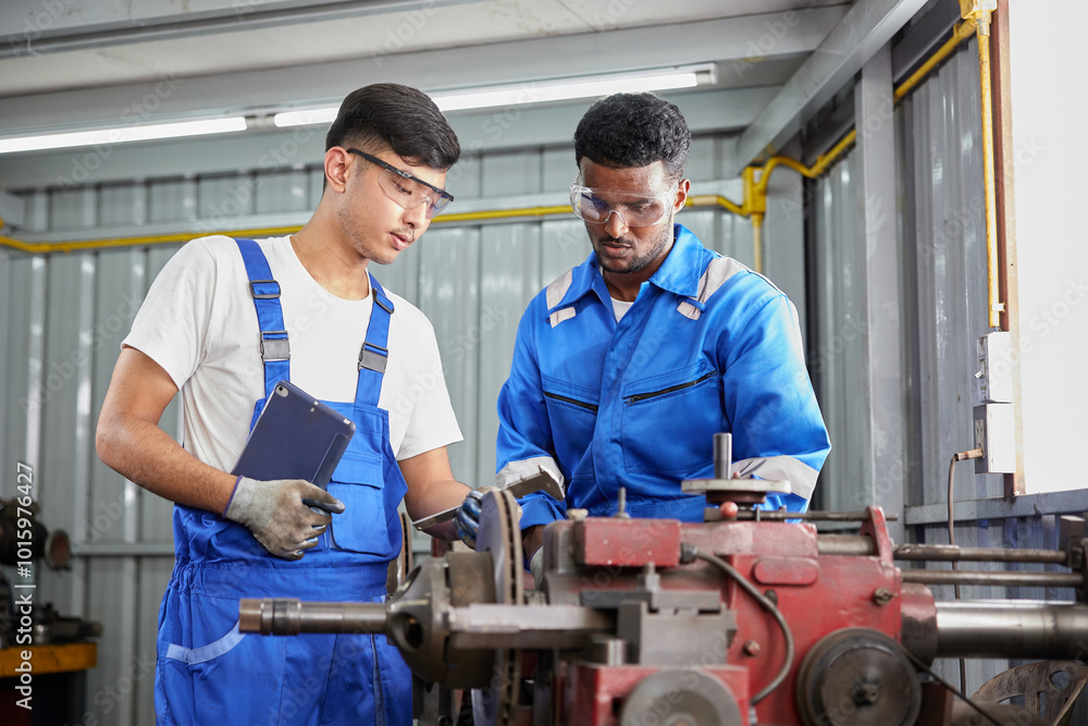 workers or technicians working and checking lathe machine in the factory workers or technicians working and checking lathe machine in the factory