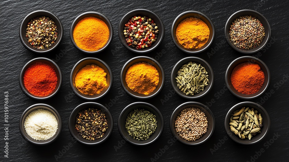 Variety of spices in black bowls, white background Variety of spices in black bowls, white background