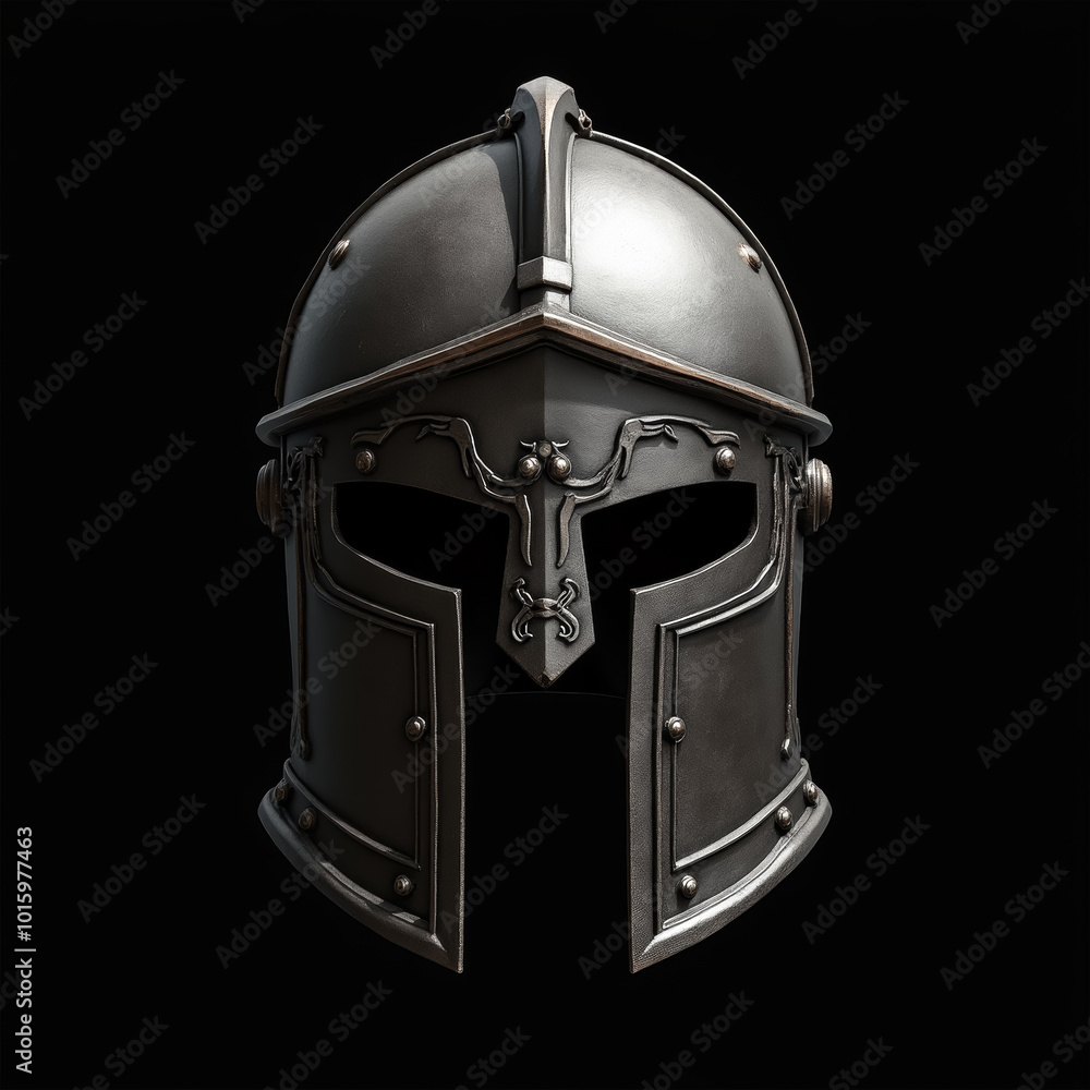 Fototapeta premium This striking metal helmet, adorned with ornate details, represents the craftsmanship of ancient warriors, evoking images of epic battles and valor in history