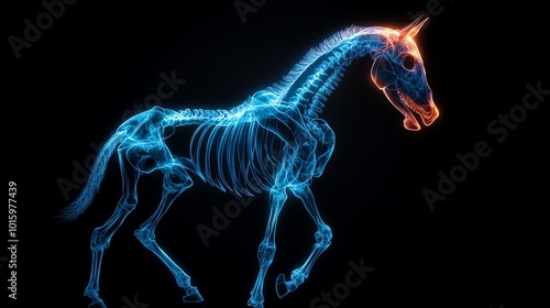 X-ray style illustration of a horse skeleton in vibrant neon colors.