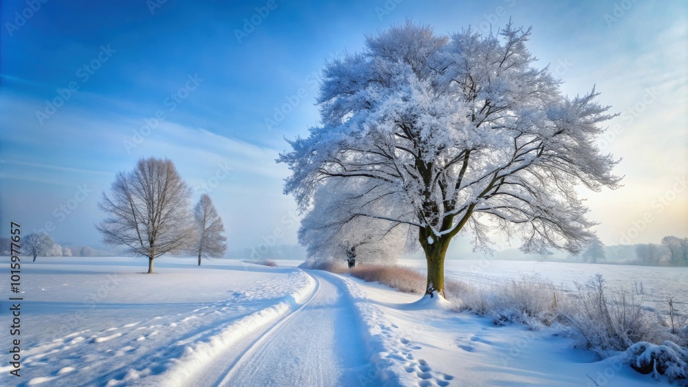 Obraz premium Snow covered path with tree in background, snow, winter, path, tree, nature, cold, scenic, landscape, outdoors, white, icy